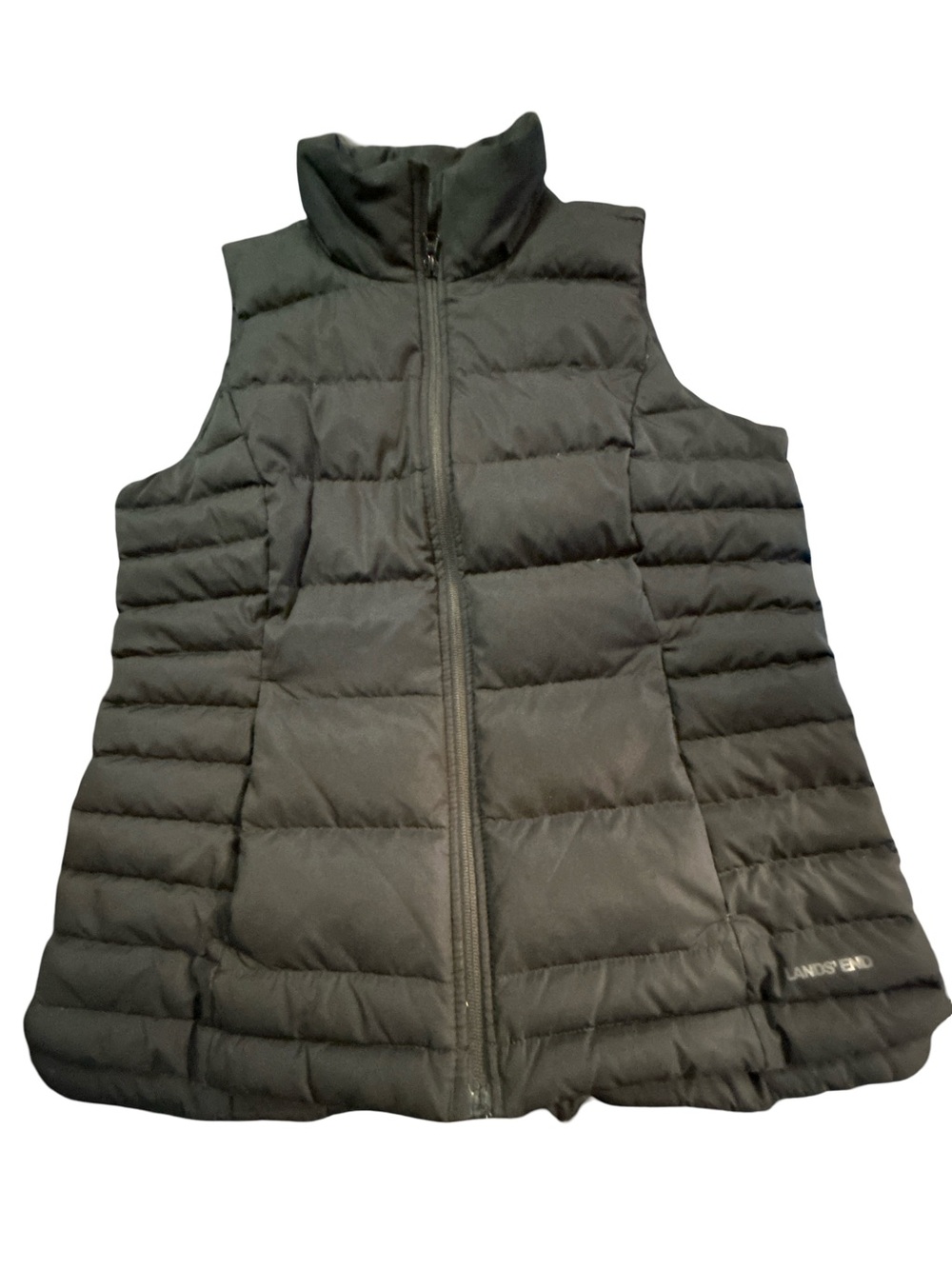 Lands' End Black Down Puffer Vest Size Small 6-8 Full Zip High Collar Warm Cozy